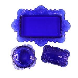 Vintage Blue Cut Glass Vanity Tray w/ Round AND Rectangle Trinket Boxes